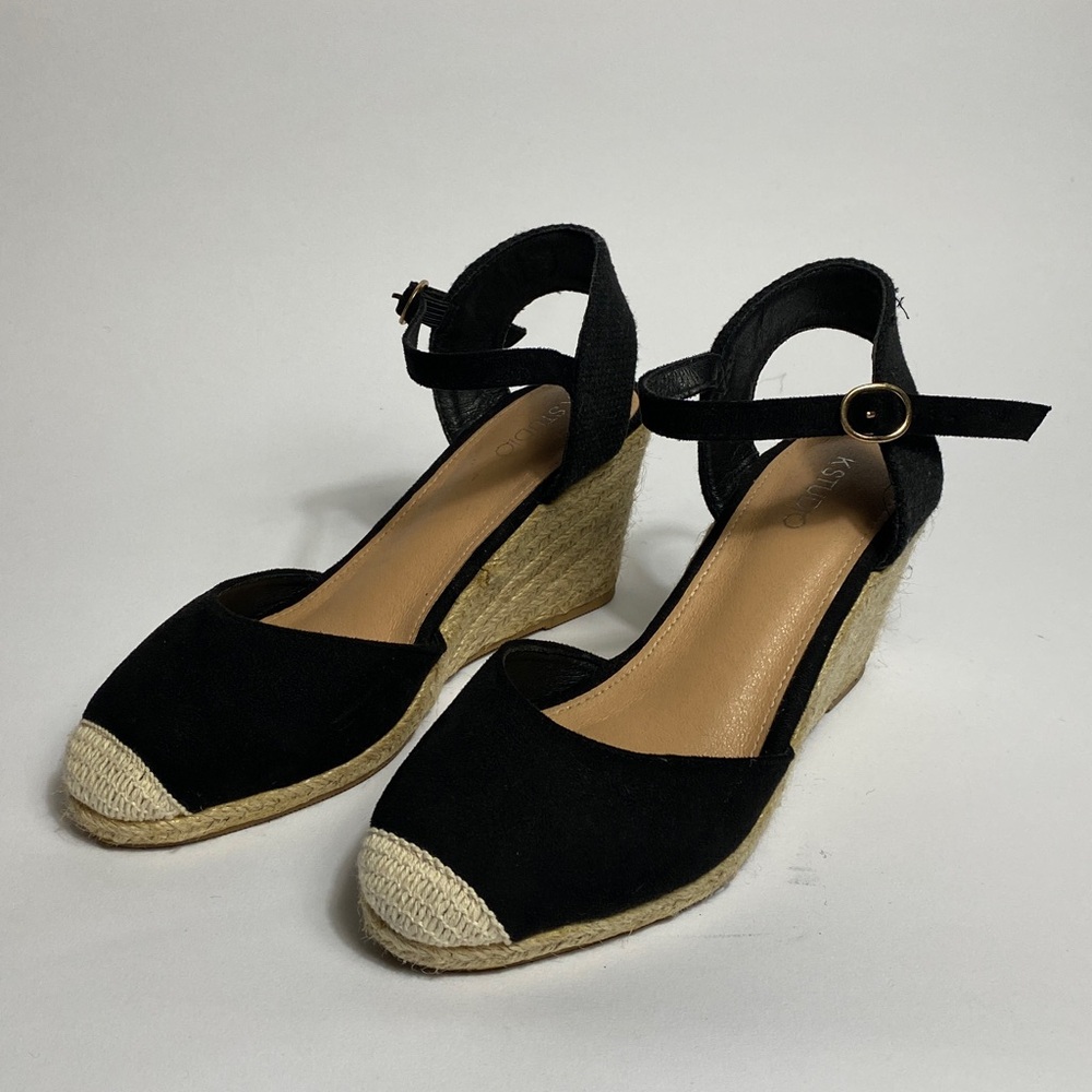 Classic Black Faux Suede Espadrille Wedge Ankle Strap Sandals! 8 - Picture 3 of 6